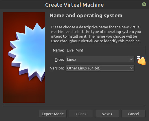 Print screen image of Virtual Box application Create Virtual Machine pop-up