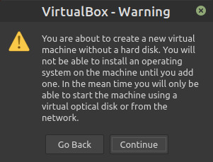 Print screen image of Virtual Box application Create warning pop-up