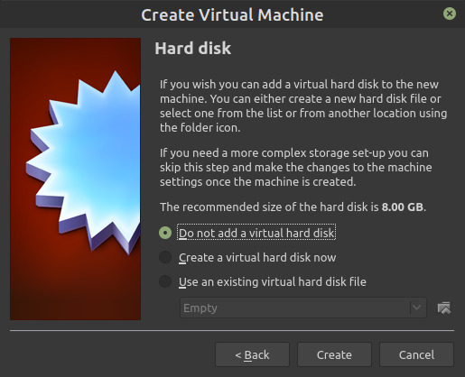 Print screen image of Virtual Box application Hard disk pop-up