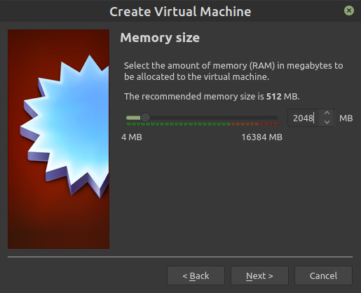 Print screen image of Virtual Box application Memory size pop-up