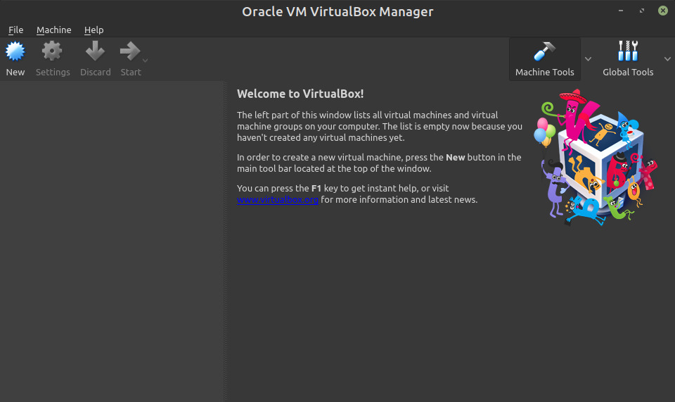 Print screen image of Virtual Box application without any virtual machines configured