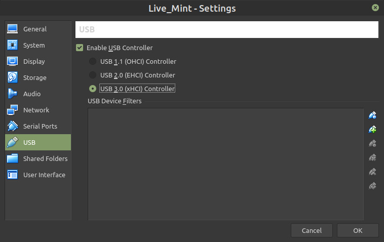 Print screen image of Virtual Box application Settings USB controller