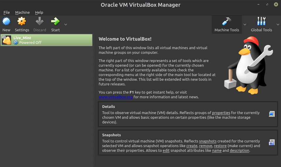 Print screen image of Virtual Box application with one virtual machines configured