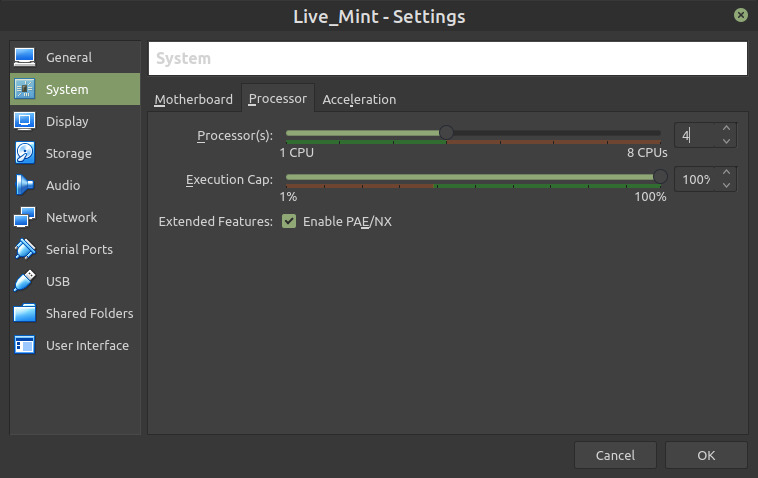 Print screen image of Virtual Box application Settings for System Processor