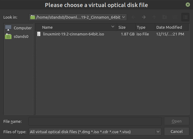 Print screen image of Virtual Box popup file browser titled: Please choose a virtual optical disk file