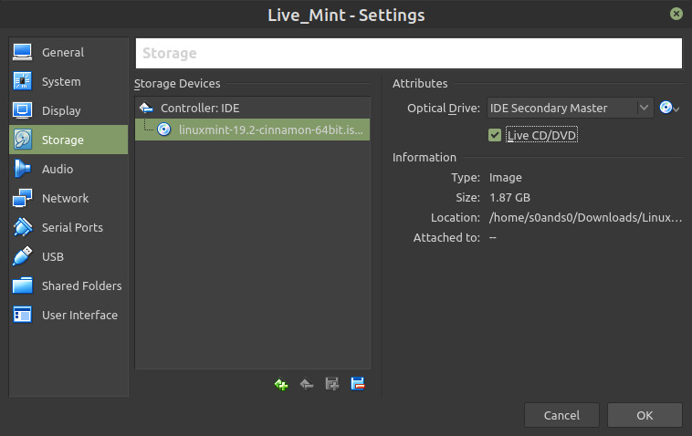 Print screen image of Virtual Box Storage Settings with virtual optical disk file configured