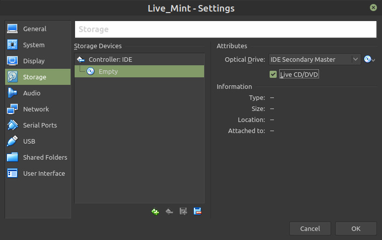 Print screen image of Virtual Box Storage Settings titled: Live_Mint - Settings